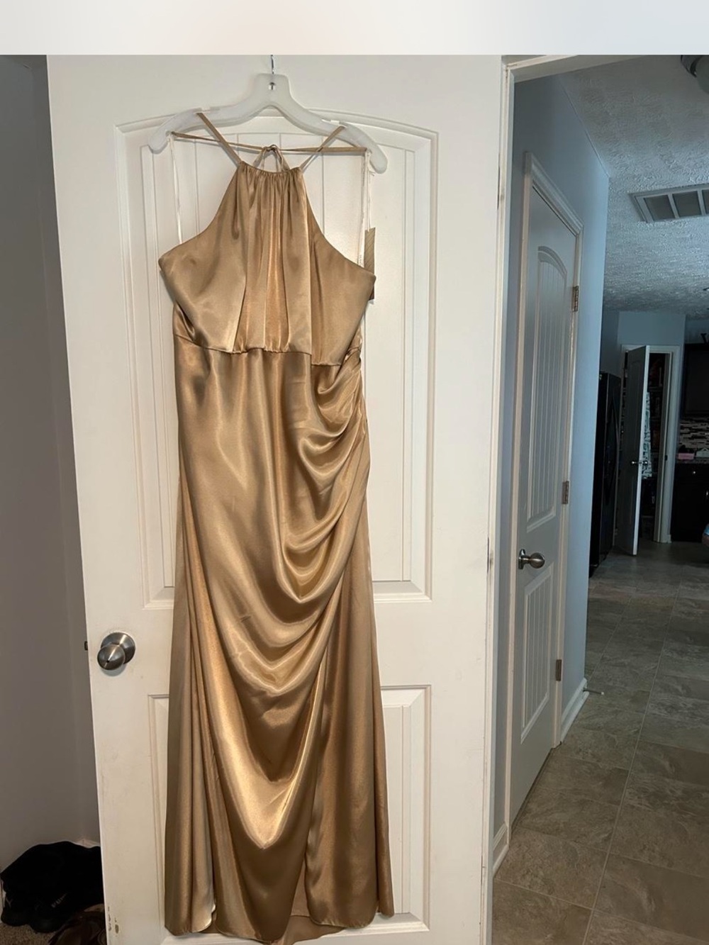 Gold Satin Halter Maxi Dress with Draped Skirt